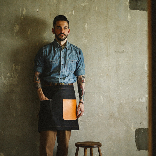 12.7oz岡山デニム ハーフエプロン / キャメルレザー / 真鍮パーツ / 洗濯可