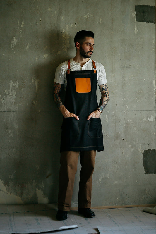 12.7oz岡山デニムエプロン / キャメルレザー / 真鍮パーツ / 洗濯可